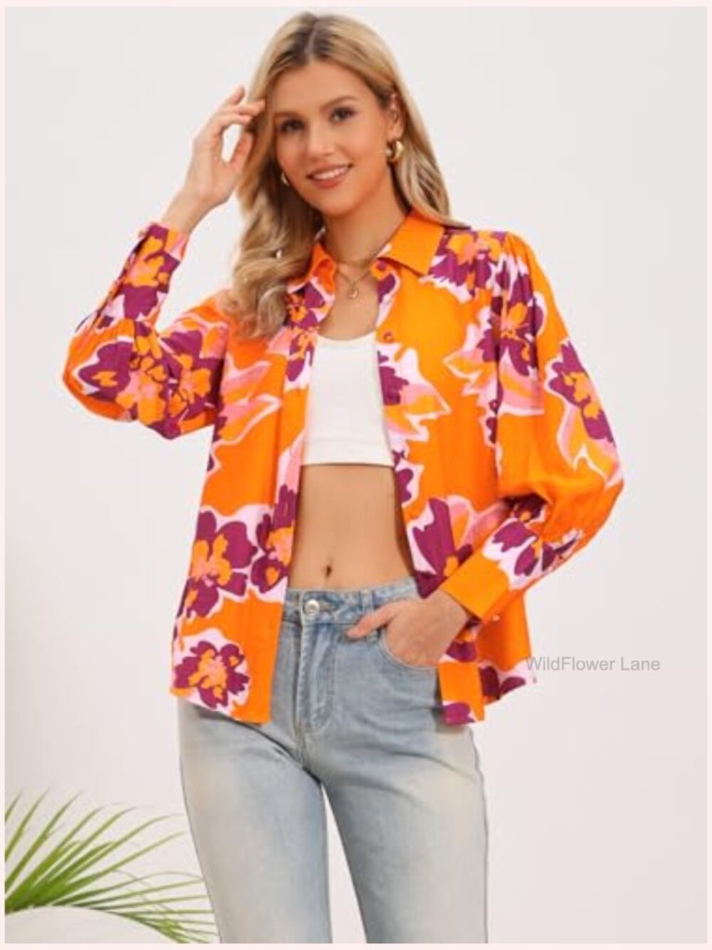 Boho Floral Blouse, Lantern Long Sleeve Button Down Shirt - Picture 3 of 5